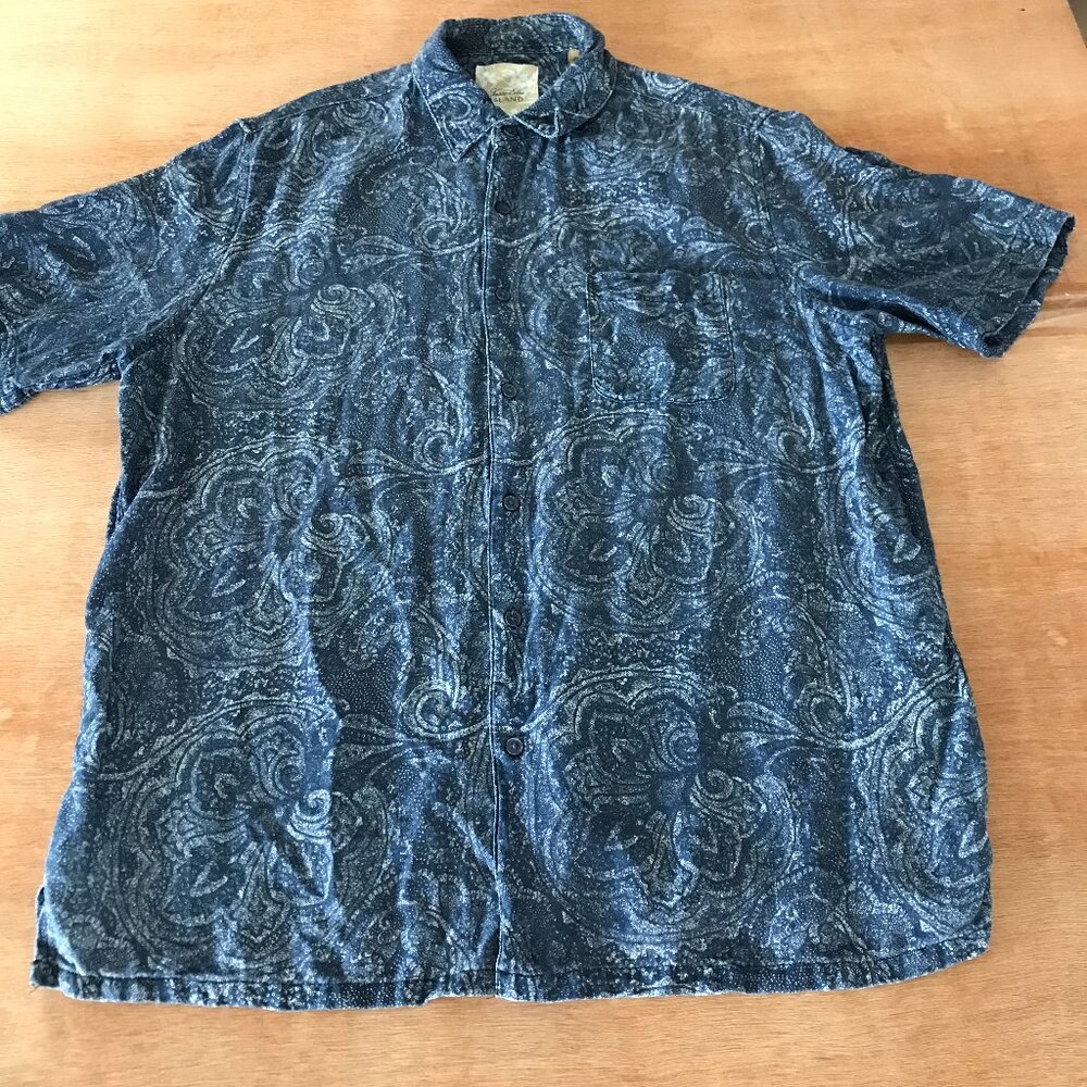 Tasso Elba Shirt Men L Blue Floral Button Up Silk Linen Pocket Short Sleeve
